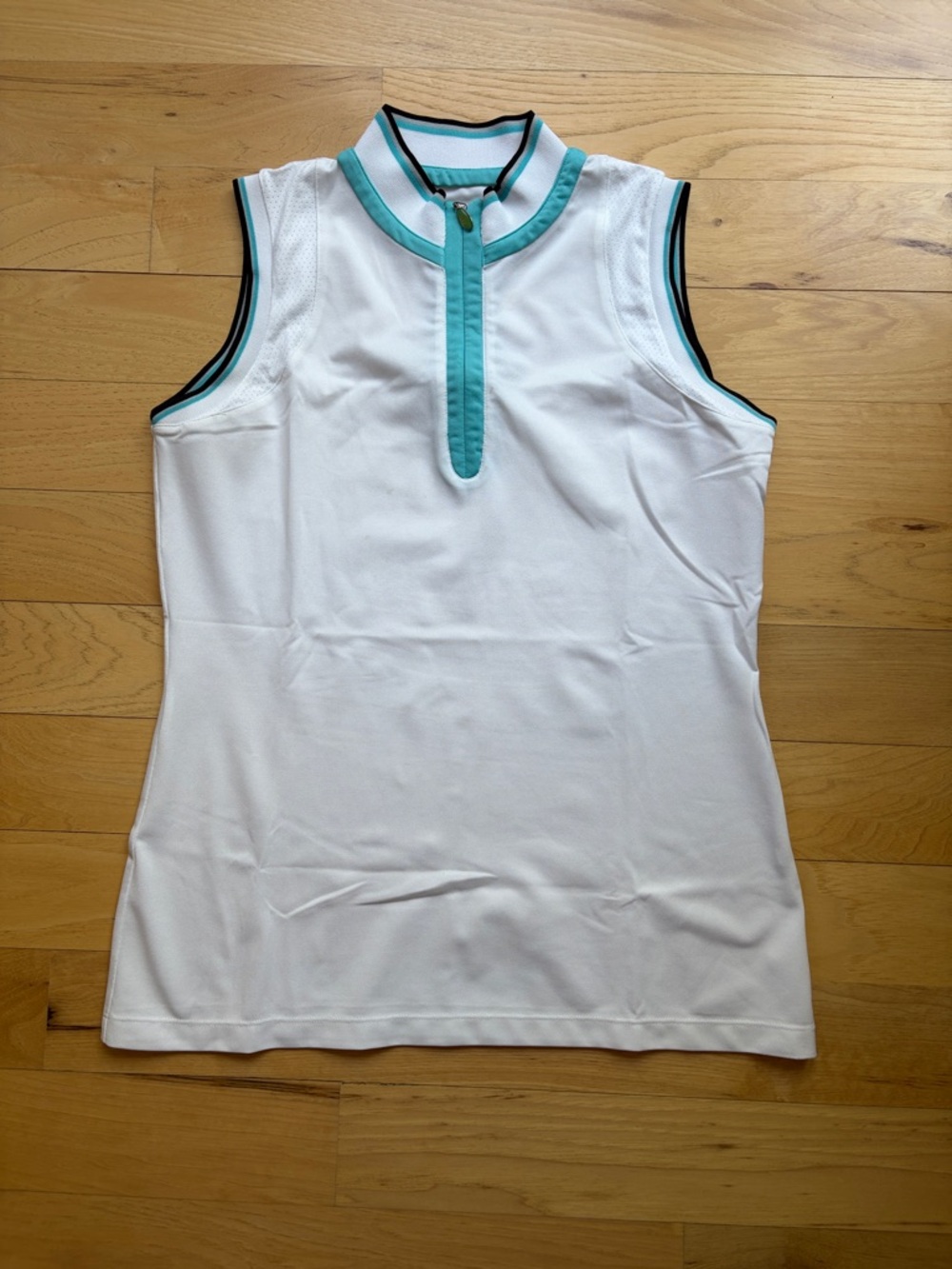 Sleeveless White 1/4 Zip Tank with Teal and Navy Trim
